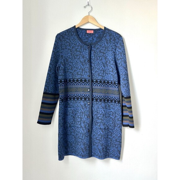 Oleana Sweaters - OLEANA Merino Wool Silk Road Floral Pattern Long Cardigan Size XXL Luxury Blue
